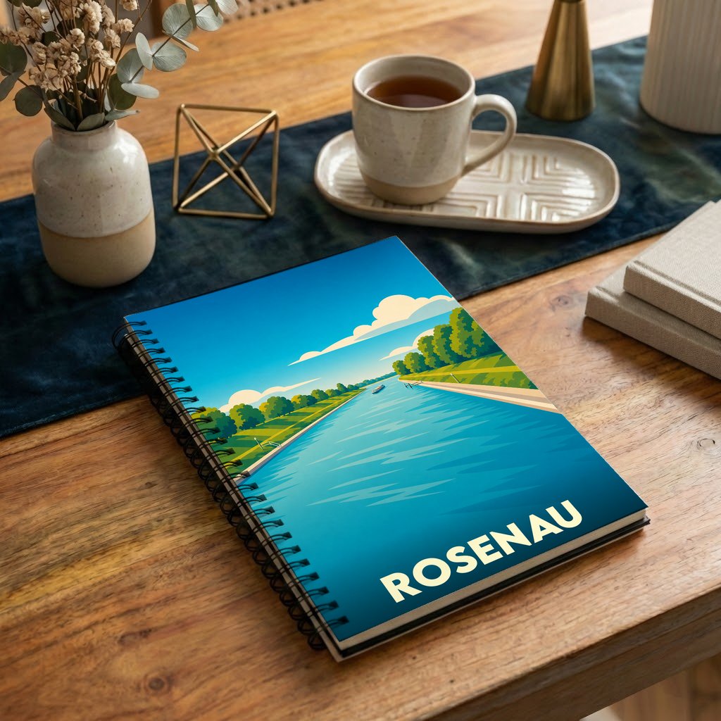 Carnet souvenir de la ville de Rosenau orné d'une illustration stylisée d'un canal bordé de verdure.