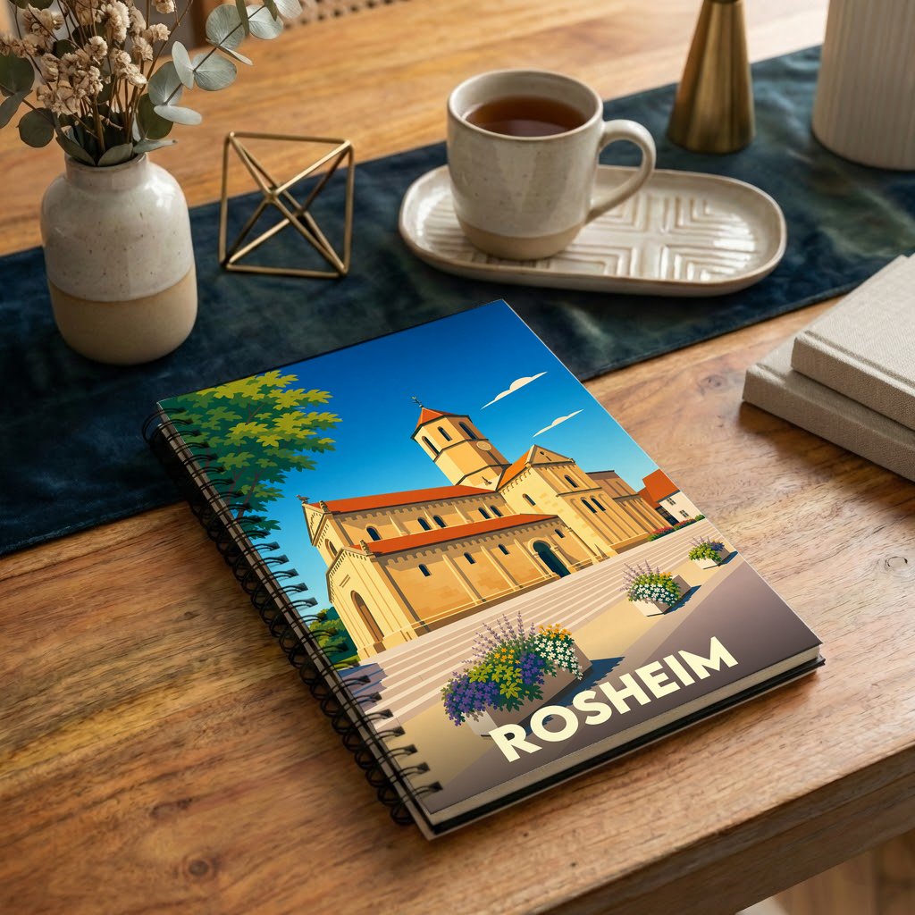 Carnet à spirales souvenir de la ville de Rosheim avec une illustration stylisée de son église romane.