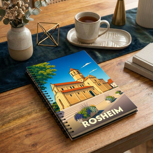 Carnet souvenir de la ville de Rosheim avec une illustration stylisée de son église romane.