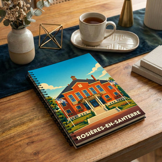 Carnet souvenir de la ville de Rosières-en-Santerre avec une illustration stylisée de son hôtel de ville.