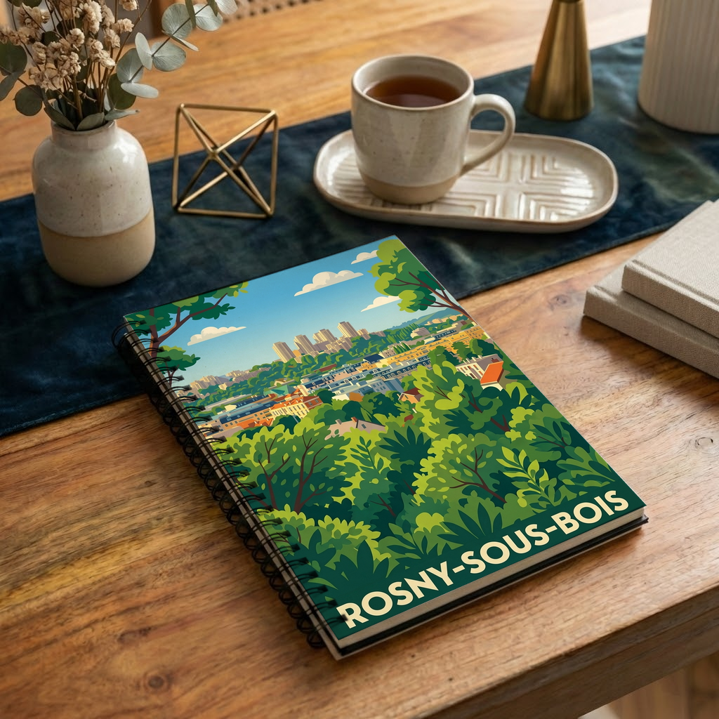Carnet souvenir de la ville de Rosny-sous-Bois avec une illustration stylisée.