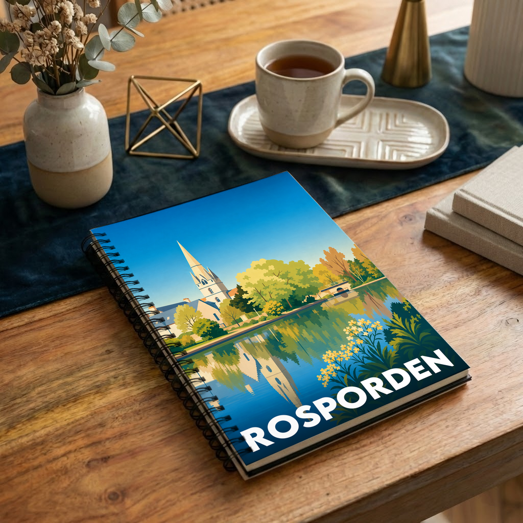 Carnet à spirales souvenir de la ville de Rosporden avec une illustration stylisée de son église se reflétant dans l'eau.