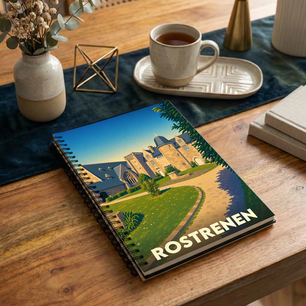 Carnet souvenir de la ville de Rostrenen avec une illustration stylisée de son patrimoine architectural.