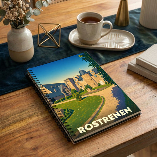 Carnet souvenir de la ville de Rostrenen avec une illustration stylisée de son patrimoine architectural.