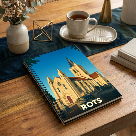 Carnet souvenir de la ville de Rots avec une illustration stylisée de son église.