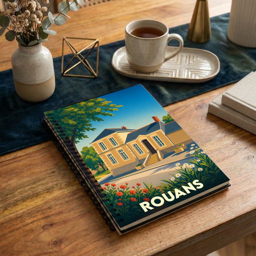 Carnet souvenir de la ville de Rouans avec une illustration stylisée d'une maison de maître entourée de fleurs.