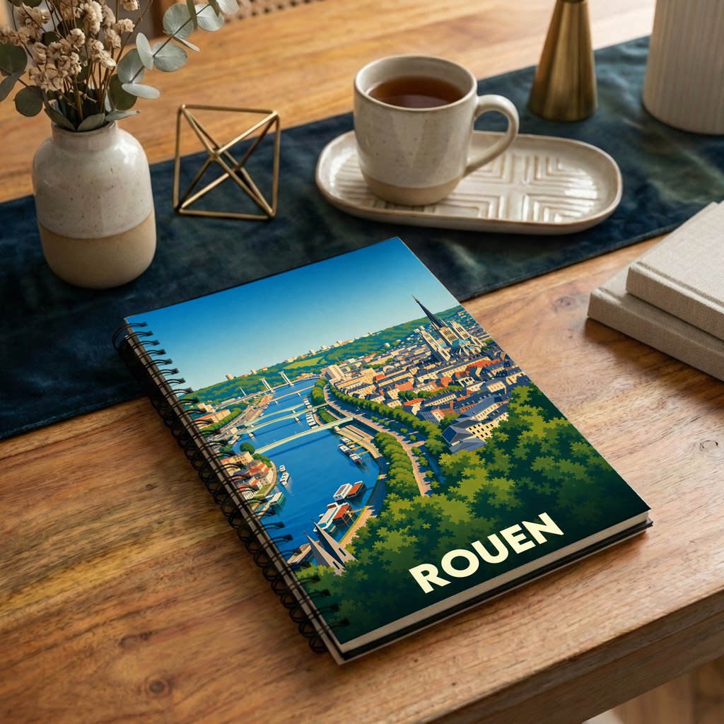 Carnet à spirales souvenir de la ville de Rouen avec une illustration stylisée de la Seine et de la cathédrale.