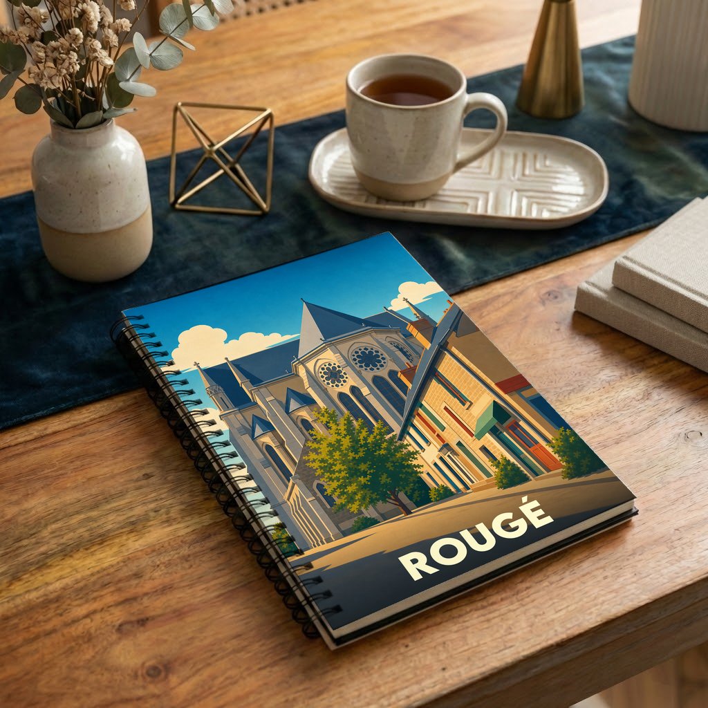Carnet à spirales souvenir de la ville de Rougé avec une illustration stylisée de son église.