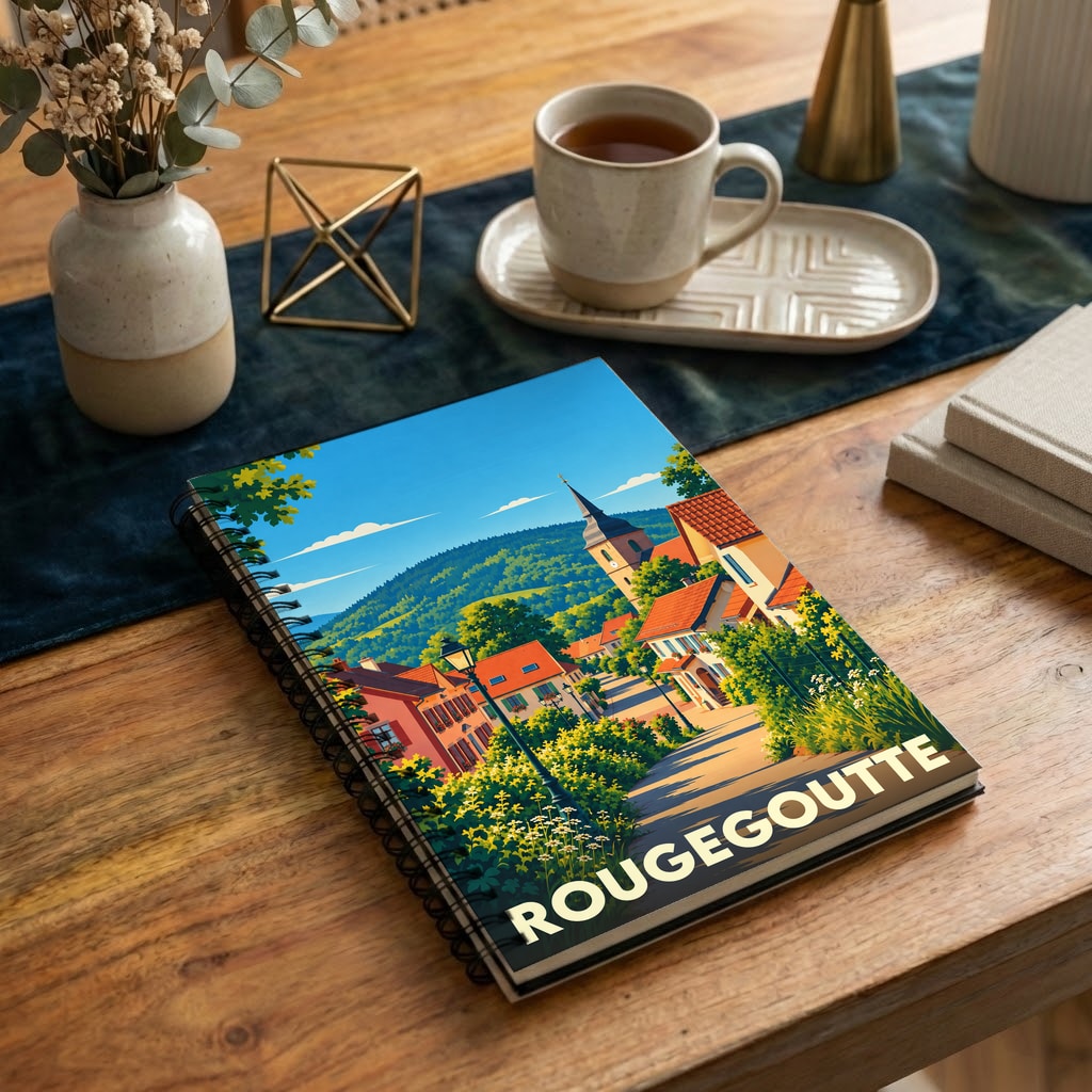 Carnet souvenir à spirale de la ville de Rougegoutte avec une illustration colorée et stylisée de ses paysages.