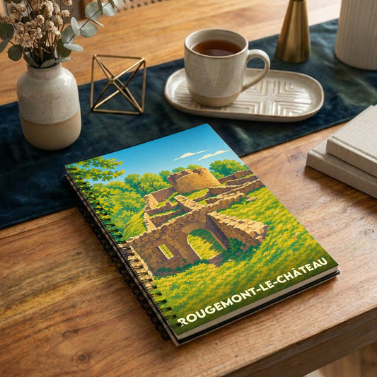Carnet à spirales souvenir de Rougemont-le-Château avec une illustration stylisée de ses ruines médiévales.