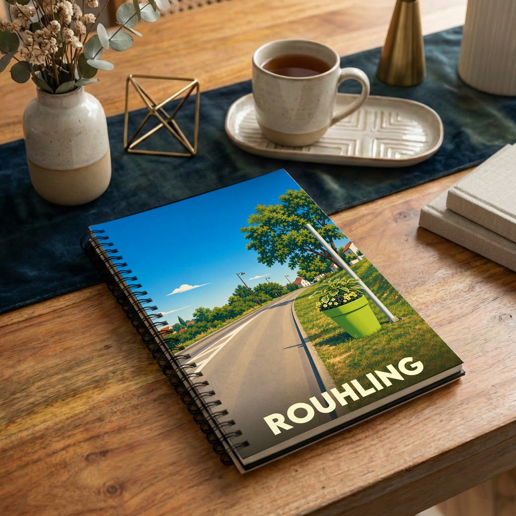 Carnet à spirales souvenir de la ville de Rouhling avec une illustration stylisée d'une route de campagne.