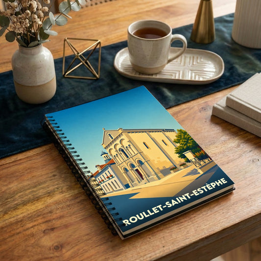 Carnet souvenir de la ville de Roullet-Saint-Estèphe avec une illustration stylisée de son église.