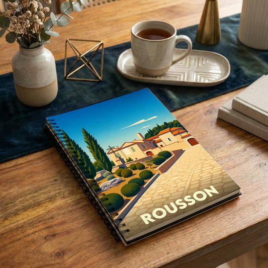 Carnet souvenir de la ville de Rousson avec une illustration stylisée de ses paysages provençaux.