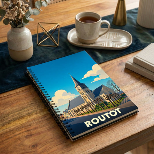 Carnet de notes souvenir de la ville de Routot avec une illustration stylisée de son église.