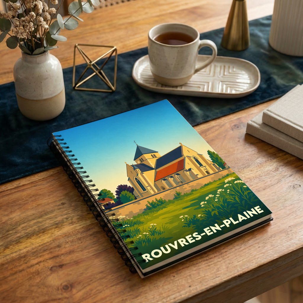 Carnet à spirales souvenir de la ville de Rouvres-en-Plaine avec une illustration stylisée de son église.