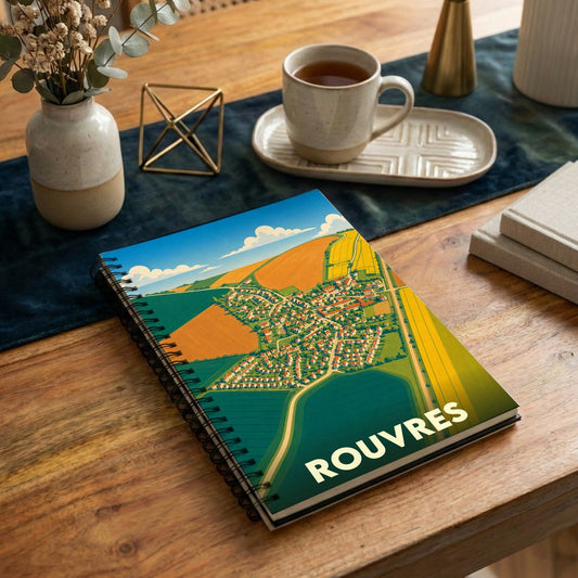Carnet souvenir de la ville de Rouvres avec une illustration stylisée vue du ciel.
