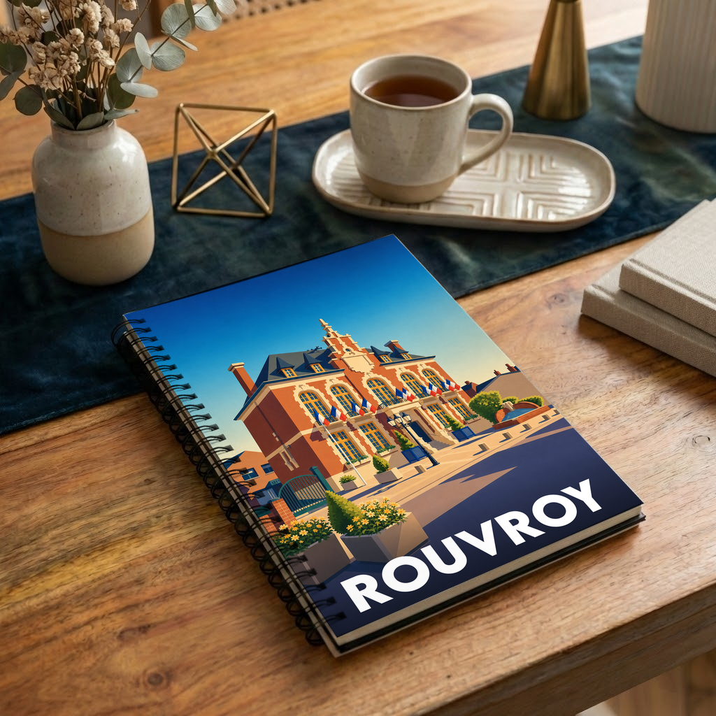 Carnet à spirales souvenir de la ville de Rouvroy avec une illustration stylisée de son hôtel de ville.