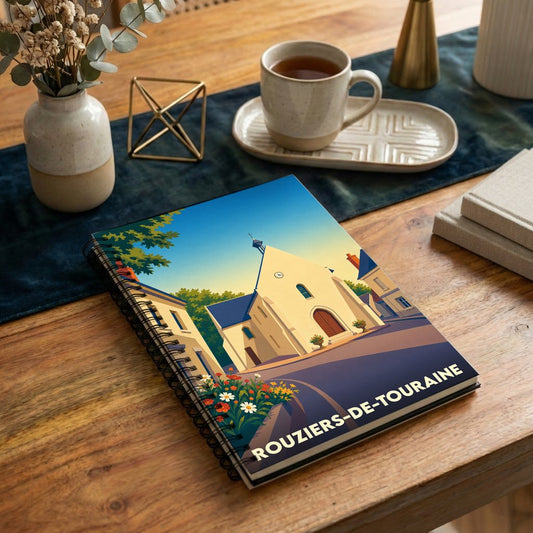 Carnet à spirales souvenir de Rouziers-de-Touraine avec une illustration stylisée de son église sous un ciel ensoleillé.
