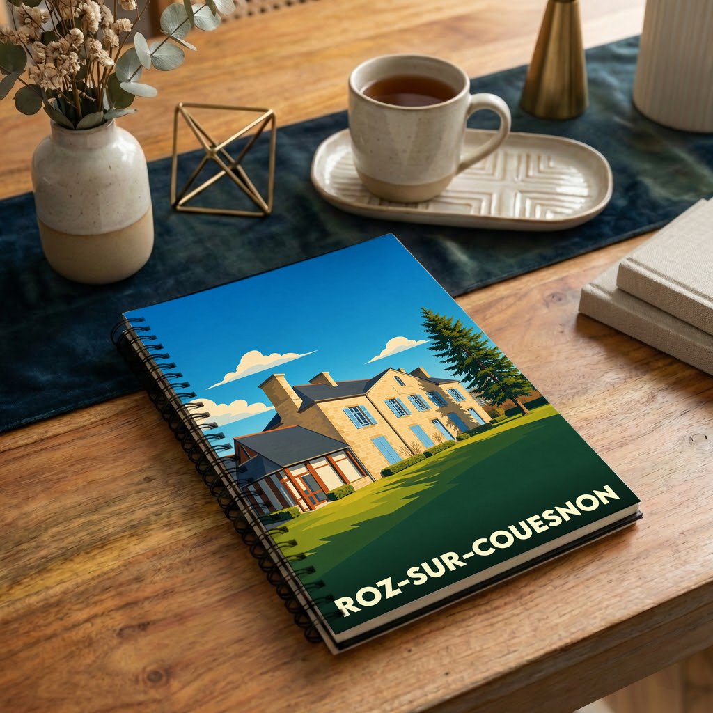 Carnet souvenir de la ville de Roz-sur-Couesnon avec une illustration stylisée d'une maison régionale.