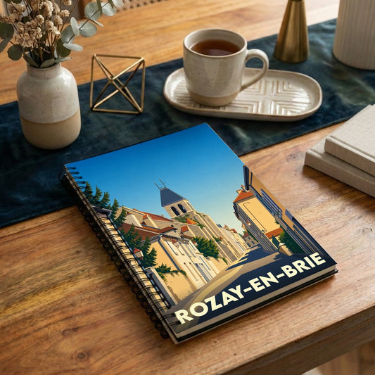 Carnet souvenir de la ville de Rozay-en-Brie avec une illustration stylisée.