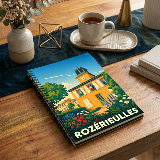 Carnet à spirales souvenir de la ville de Rozérieulles avec une illustration stylisée et colorée.