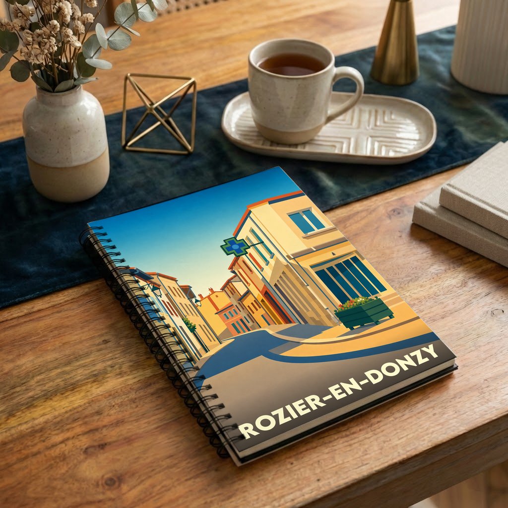 Carnet à spirales souvenir de la ville de Rozier-en-Donzy avec une illustration stylisée d'une rue ensoleillée.