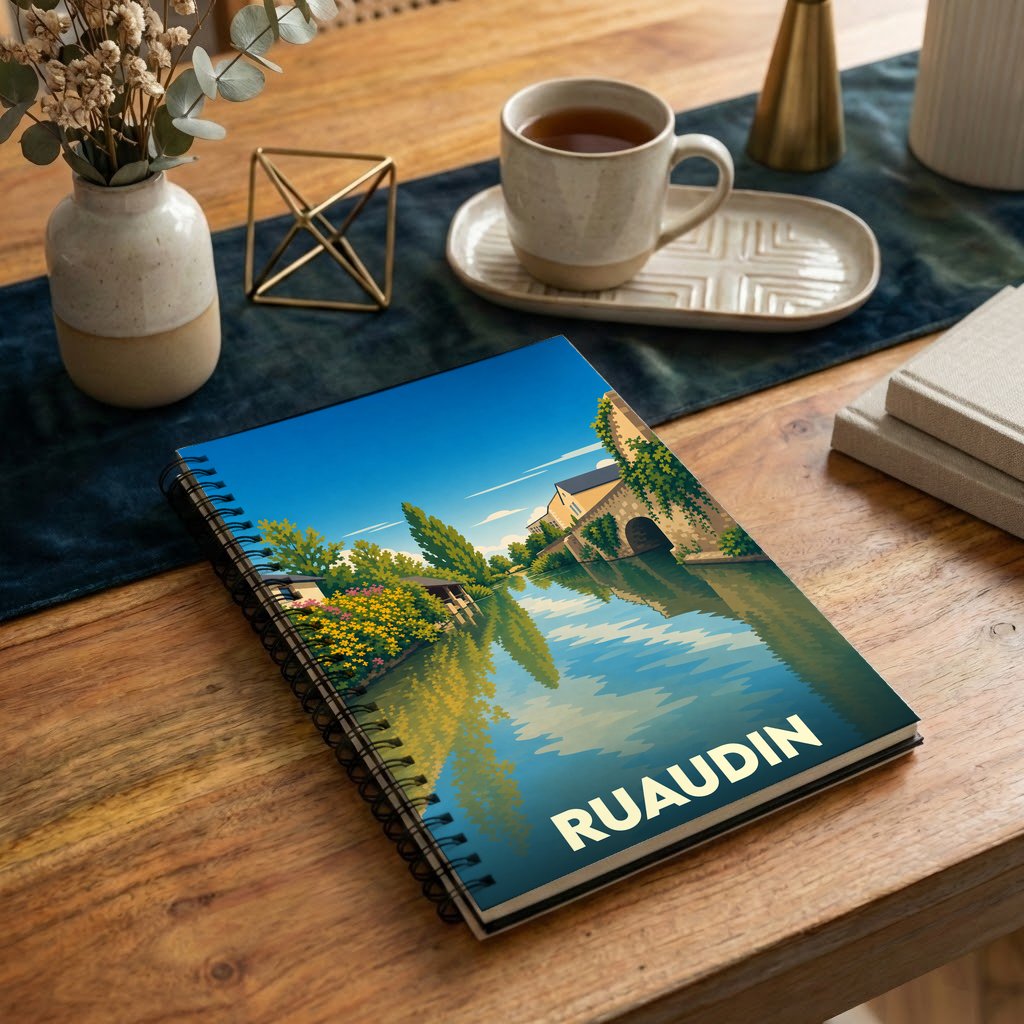 Carnet à spirales souvenir de la ville de Ruaudin avec une illustration stylisée d'un paysage fluvial.