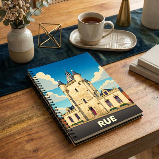 Carnet souvenir de la ville de Rue avec une illustration stylisée de son beffroi historique.