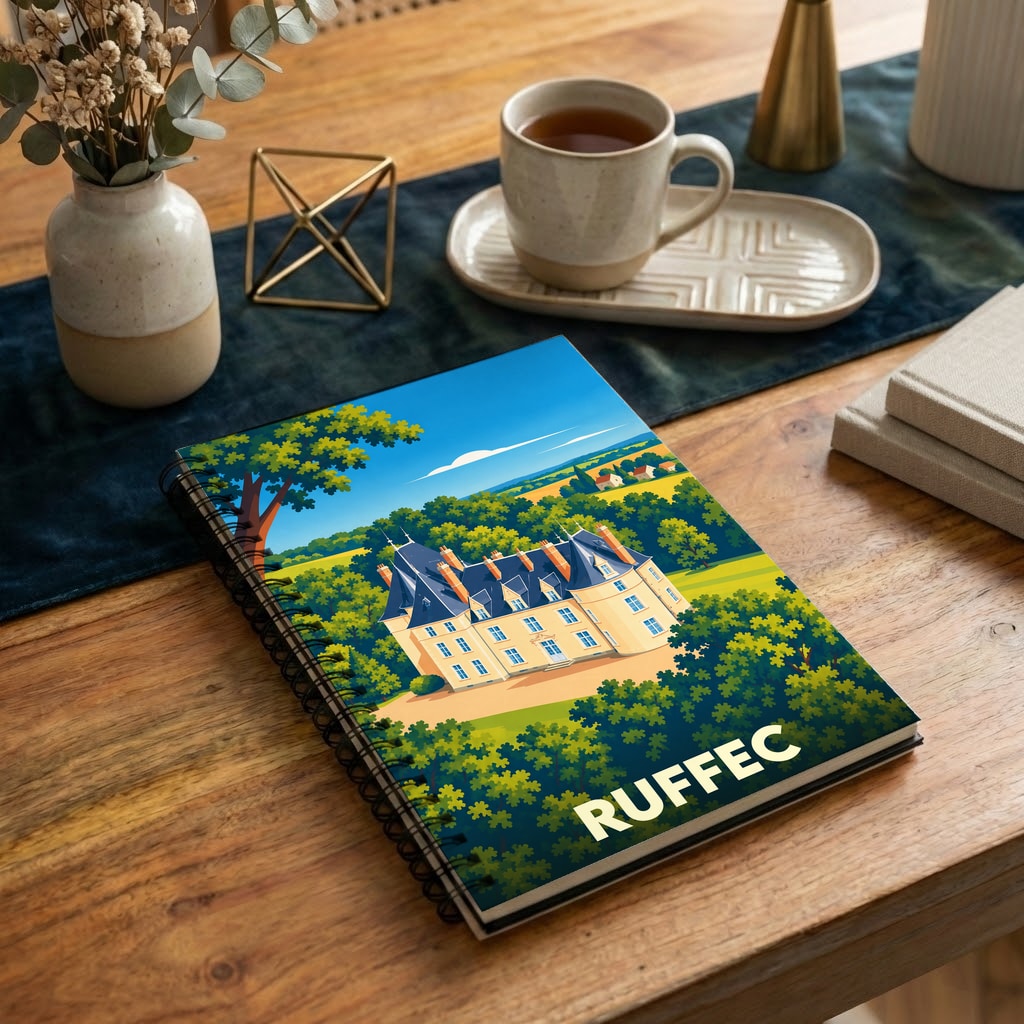 Carnet de notes souvenir de la ville de Ruffec orné d'une illustration stylisée de son château.