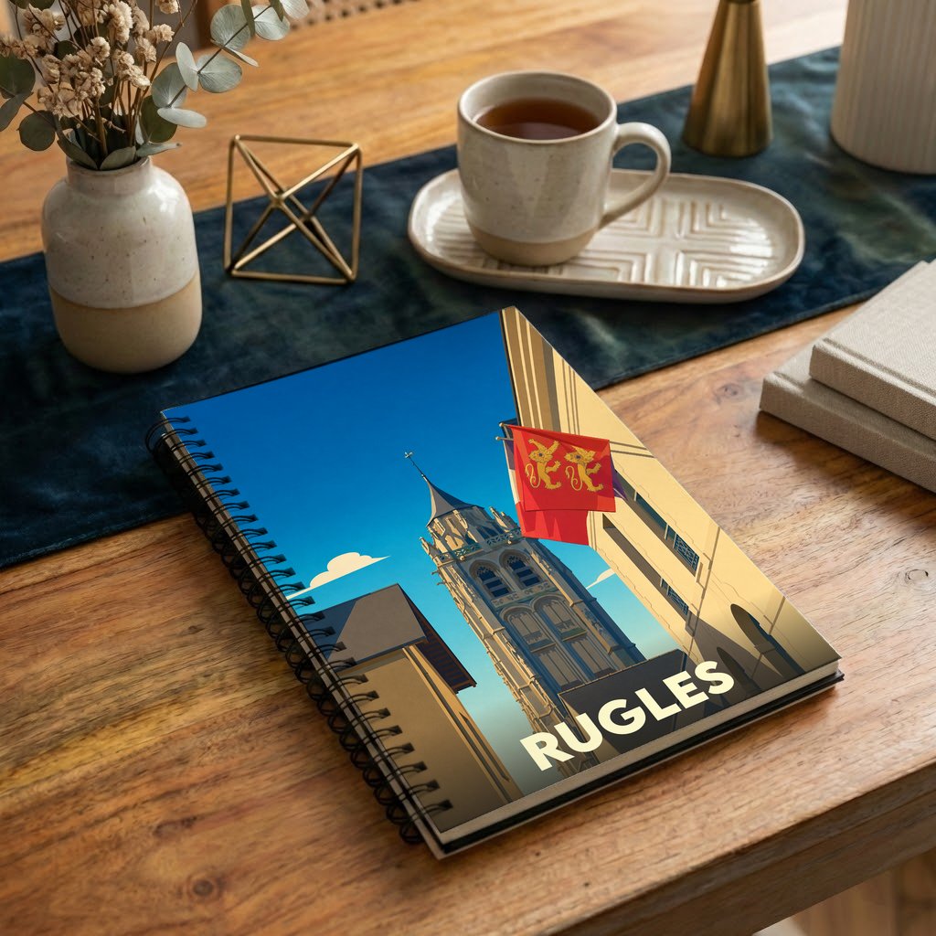Carnet souvenir de la ville de Rugles avec une illustration stylisée de son clocher et du drapeau normand.