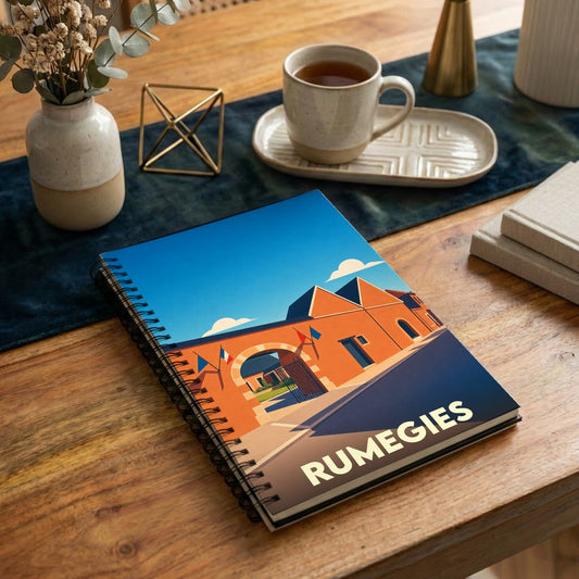 Carnet à spirales souvenir de la ville de Rumegies avec une illustration stylisée.