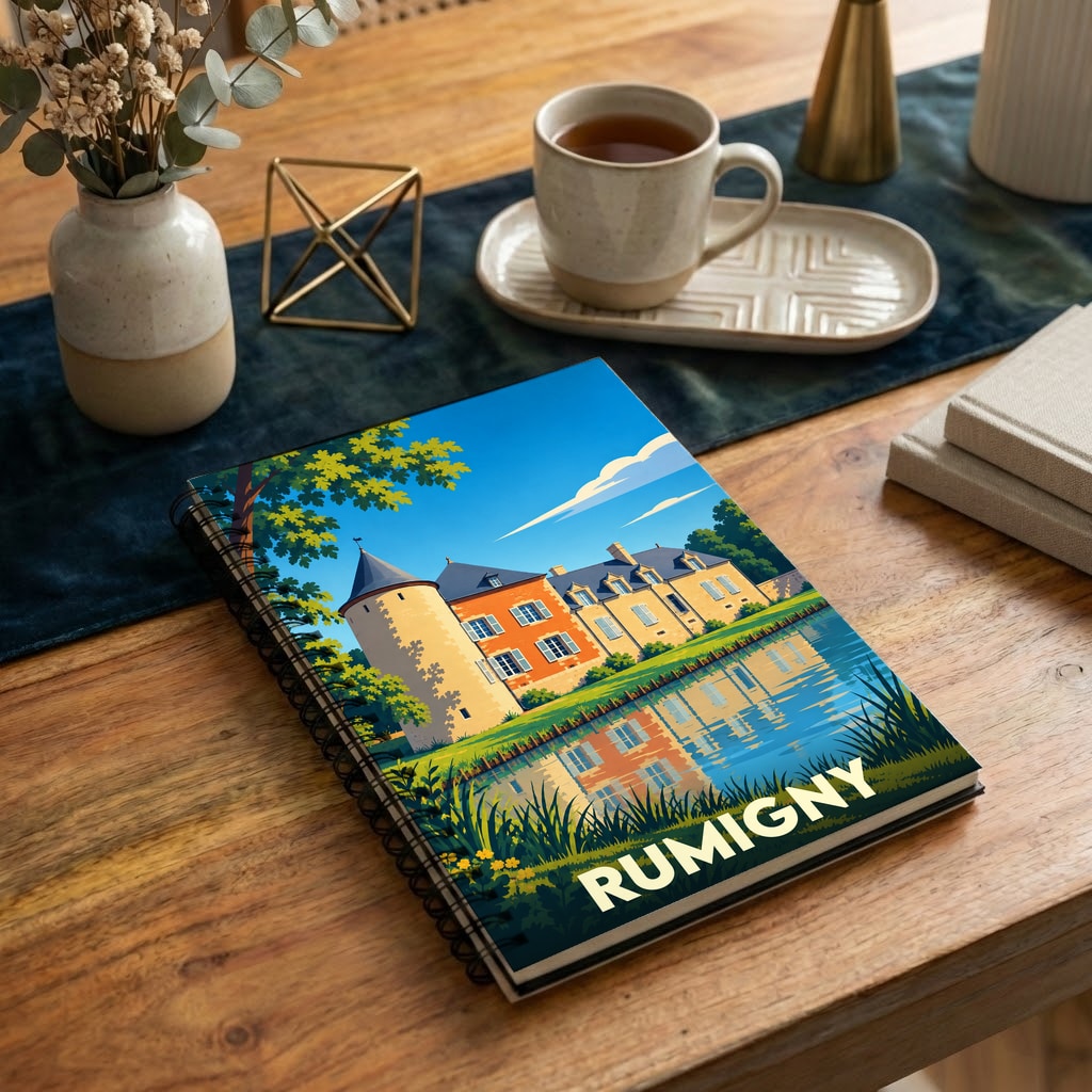 Carnet à spirales souvenir de la ville de Rumigny orné d'une illustration stylisée de son château et ses reflets sur l'eau.