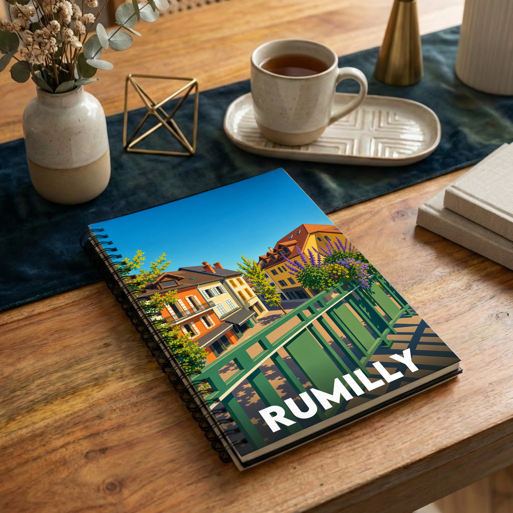 Carnet à spirales souvenir de la ville de Rumilly avec une illustration stylisée.