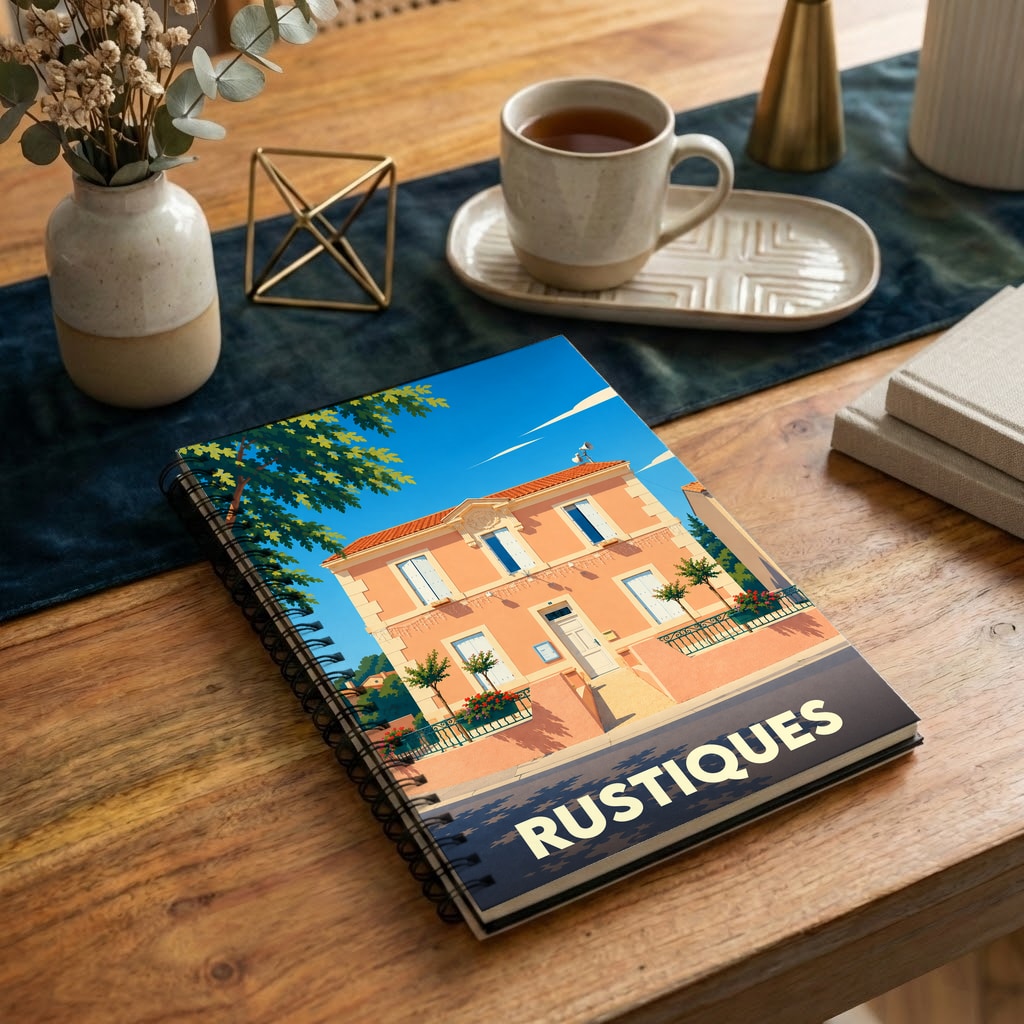 Carnet à spirales souvenir de la ville de Rustiques avec une illustration stylisée d'une maison ensoleillée.