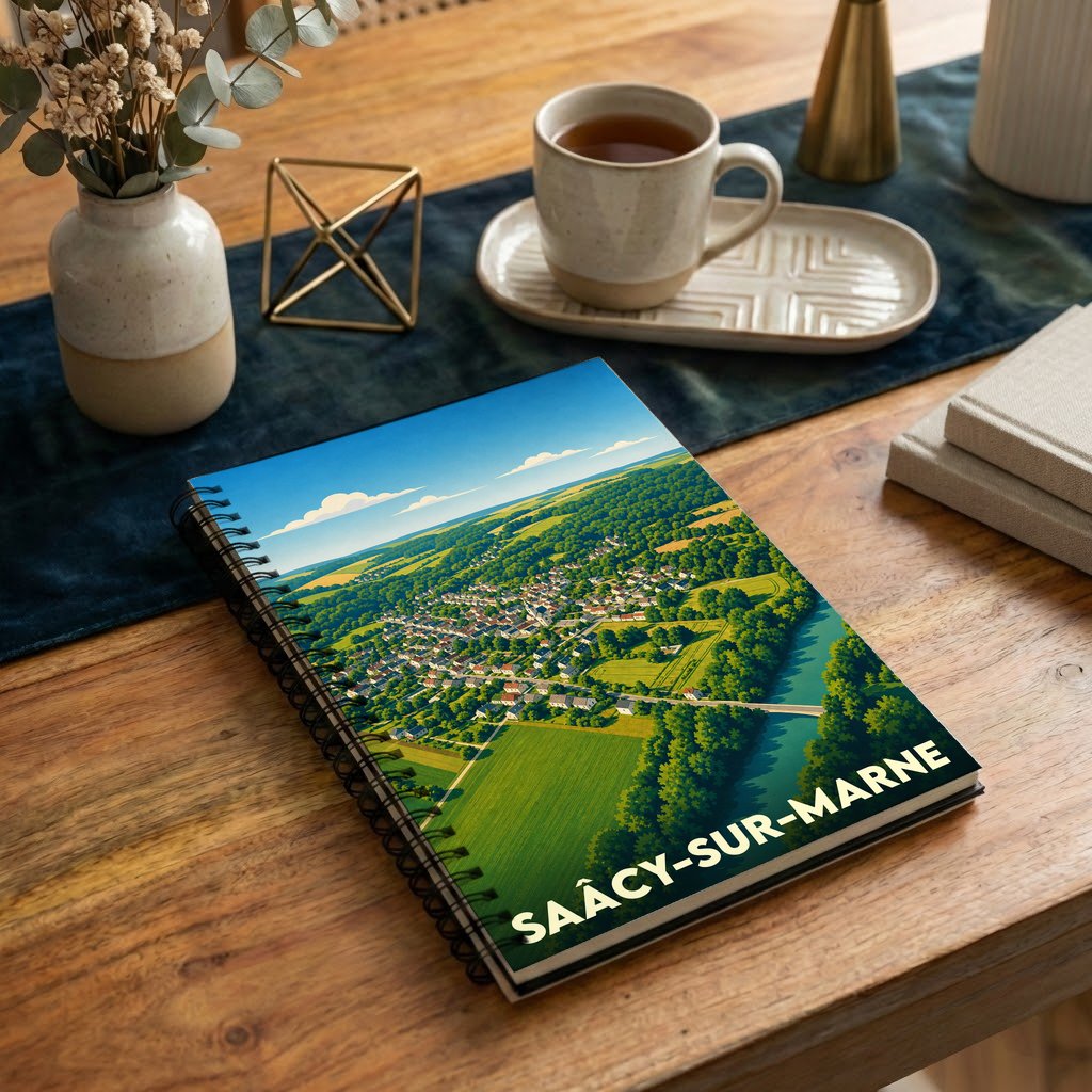 Carnet de notes souvenir de Saâcy-sur-Marne illustré par une vue aérienne stylisée de la commune et de la Marne.