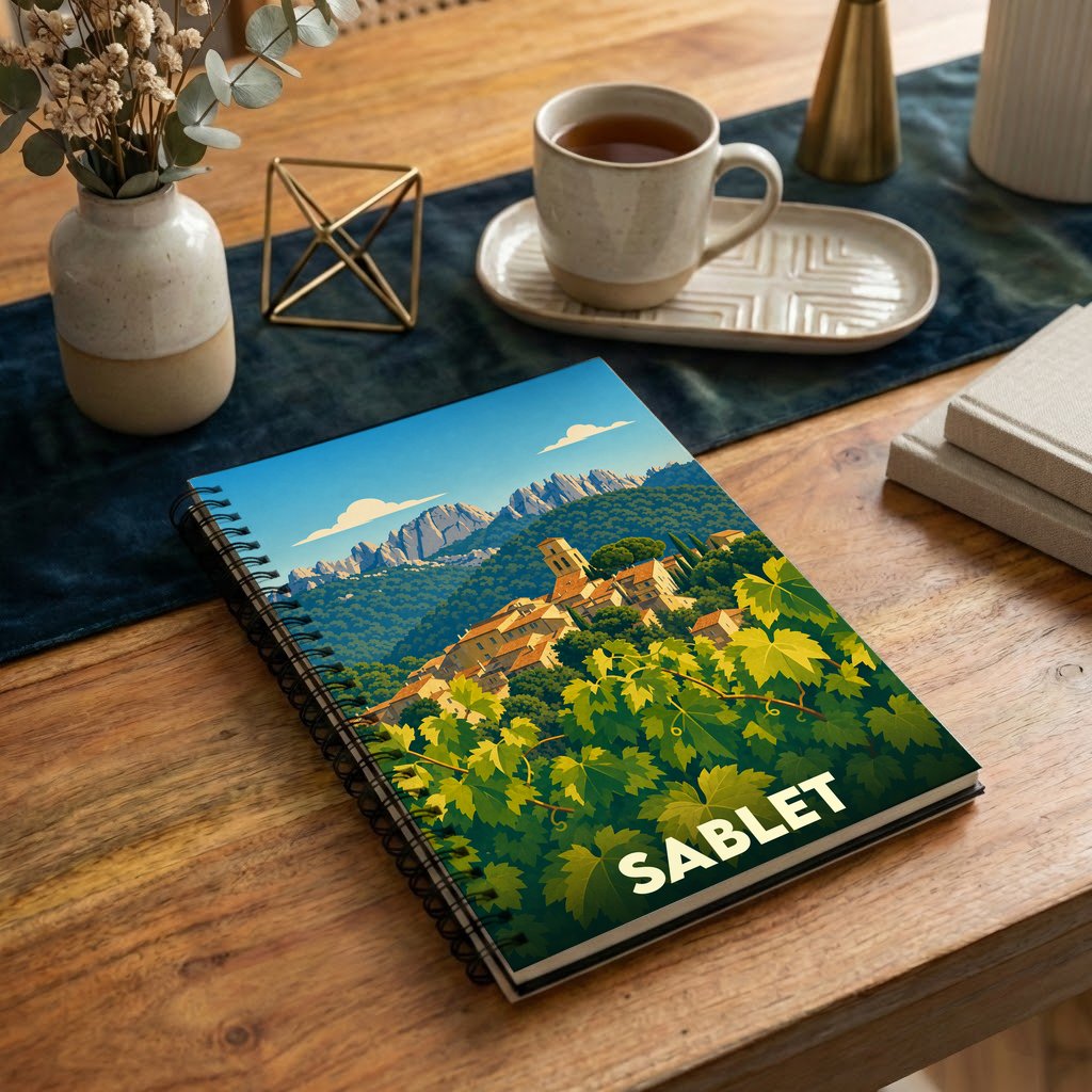 Carnet à spirales souvenir de la ville de Sablet avec une illustration stylisée de son village et de ses vignobles.