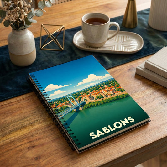 Carnet à spirales souvenir de la ville de Sablons avec une illustration stylisée d'un pont surplombant le Rhône.