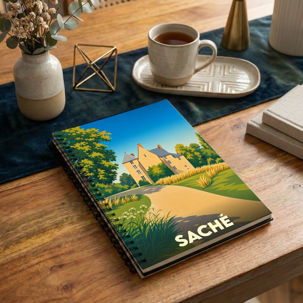Carnet souvenir de la ville de Saché avec une illustration stylisée.
