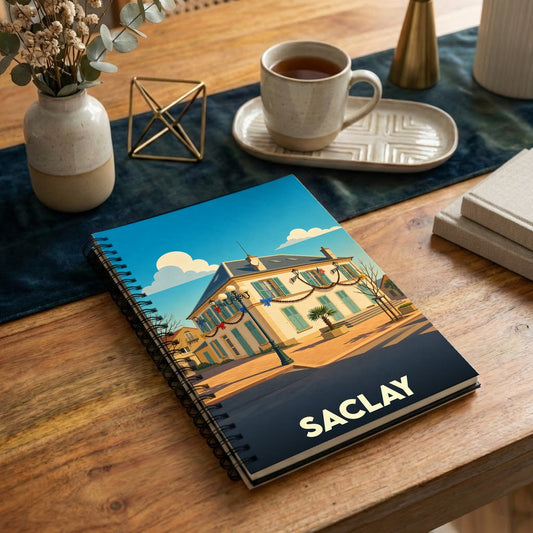 Carnet à spirales souvenir de la ville de Saclay avec une illustration stylisée de sa mairie.