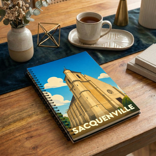 Carnet à spirales souvenir de la ville de Sacquenville illustré par une église au style graphique épuré.
