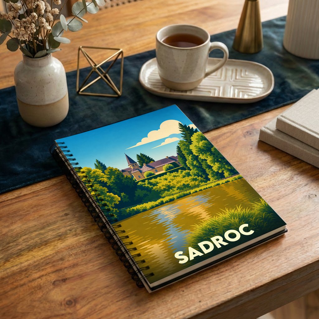 Carnet à spirales souvenir de la ville de Sadroc avec une illustration paysagère stylisée.