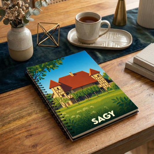 Carnet souvenir de la ville de Sagy avec une illustration stylisée.