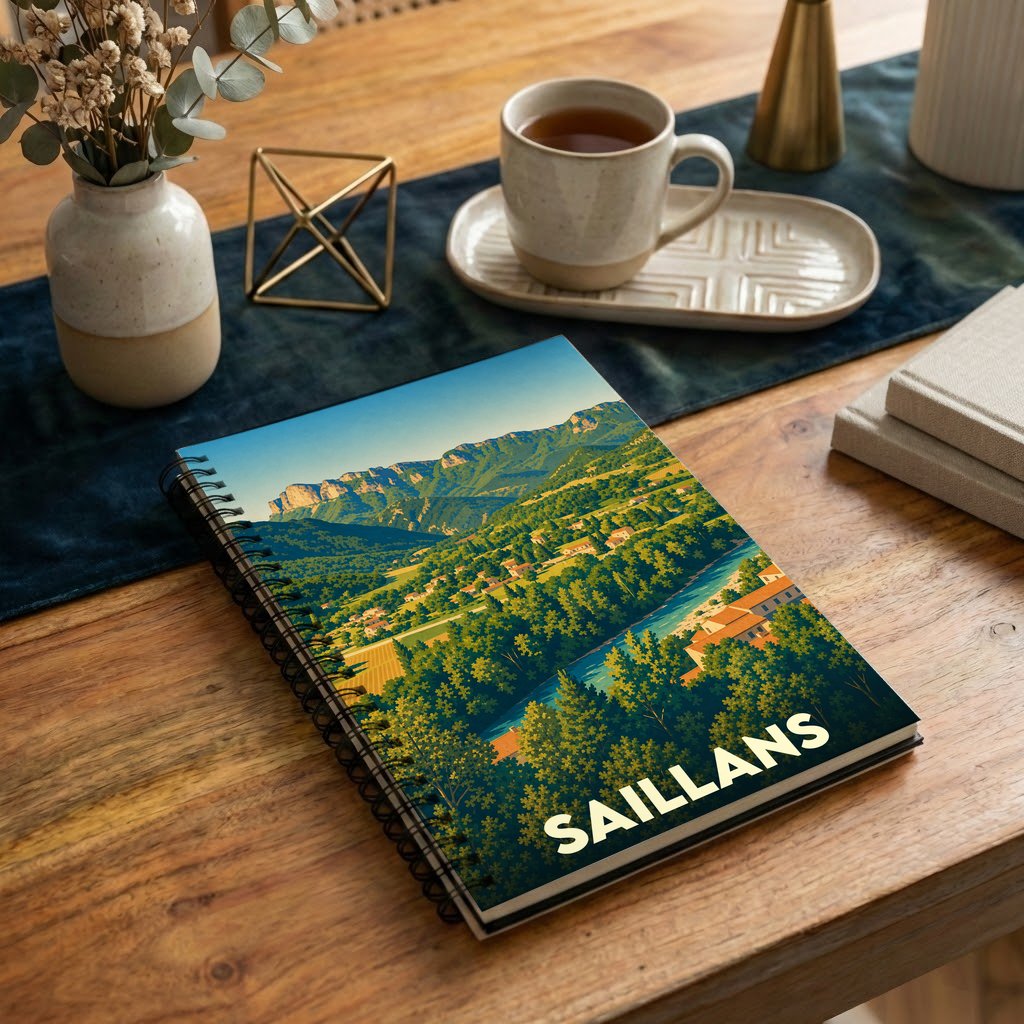 Carnet à spirales souvenir de la ville de Saillans avec une illustration paysagère stylisée.