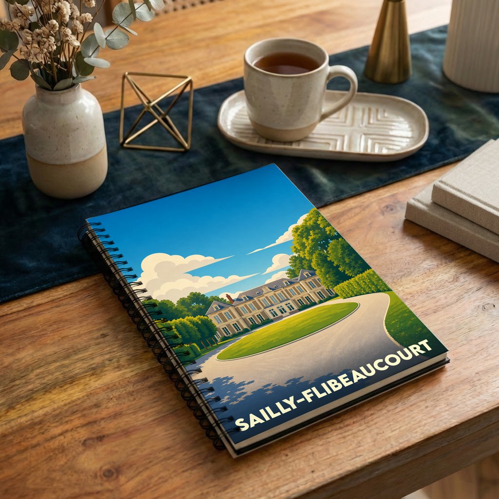 Carnet à spirales souvenir de Sailly-Flibeaucourt avec une illustration stylisée de son château.