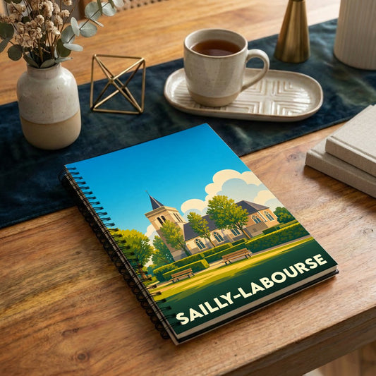 Carnet souvenir de la ville de Sailly-Labourse avec une illustration stylisée de son église.