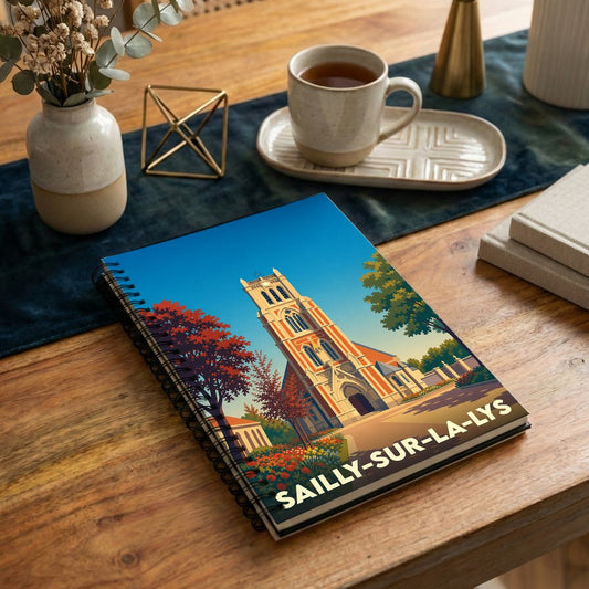 Carnet souvenir de la ville de Sailly-sur-la-Lys avec une illustration stylisée de son église.