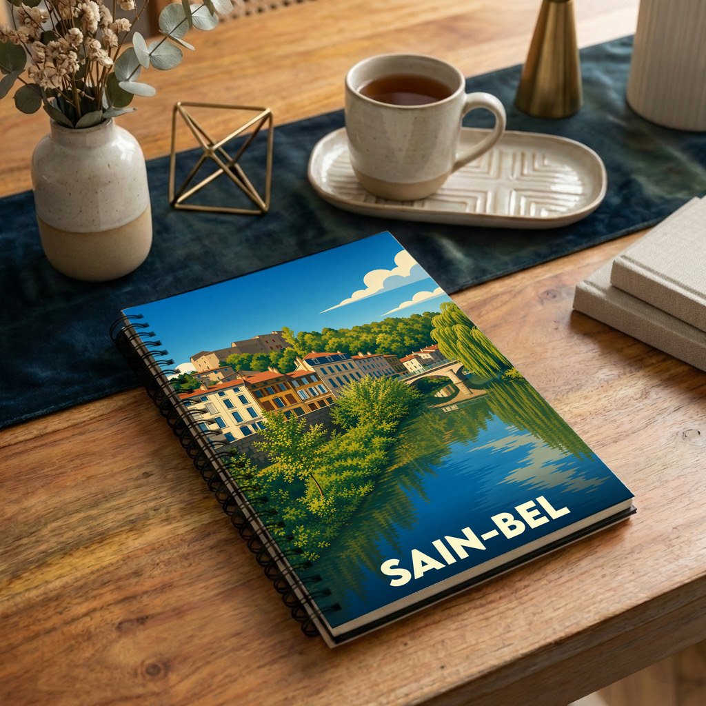 Carnet souvenir de la ville de Sain-Bel avec une illustration stylisée.