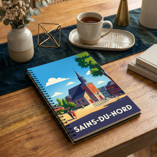 Carnet souvenir de la ville de Sains-du-Nord avec une illustration stylisée.