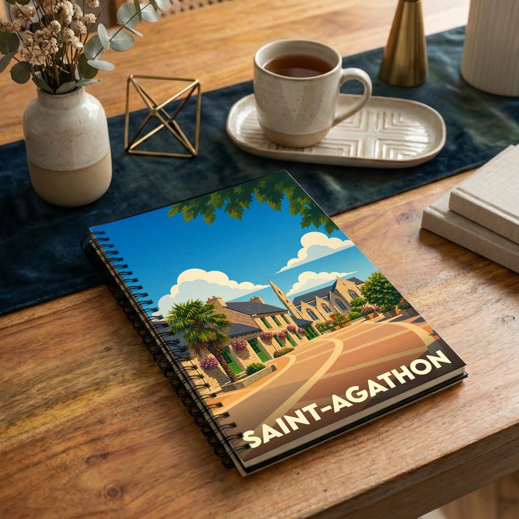 Carnet à spirales souvenir de la ville de Saint-Agathon avec une illustration stylisée.