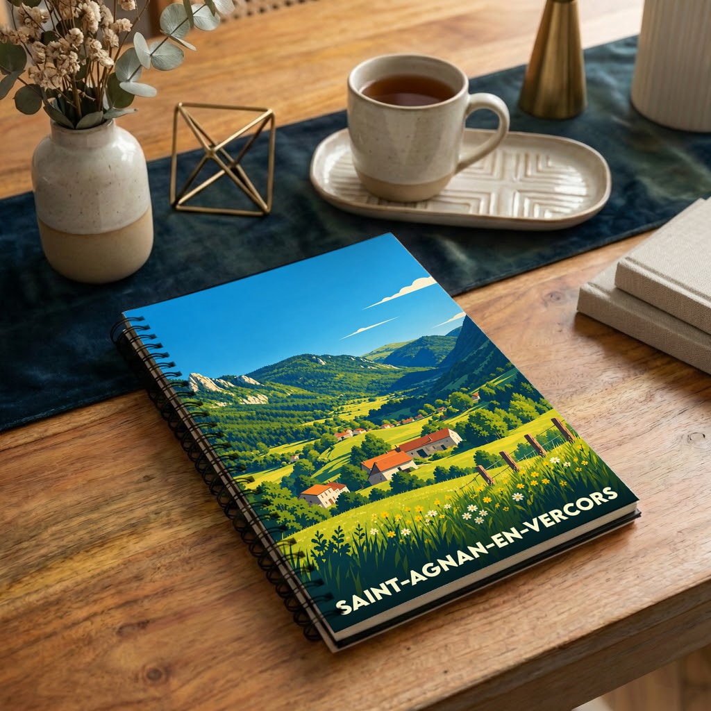 Carnet à spirales souvenir de la ville de Saint-Agnan-en-Vercors avec une illustration stylisée de paysages montagneux.